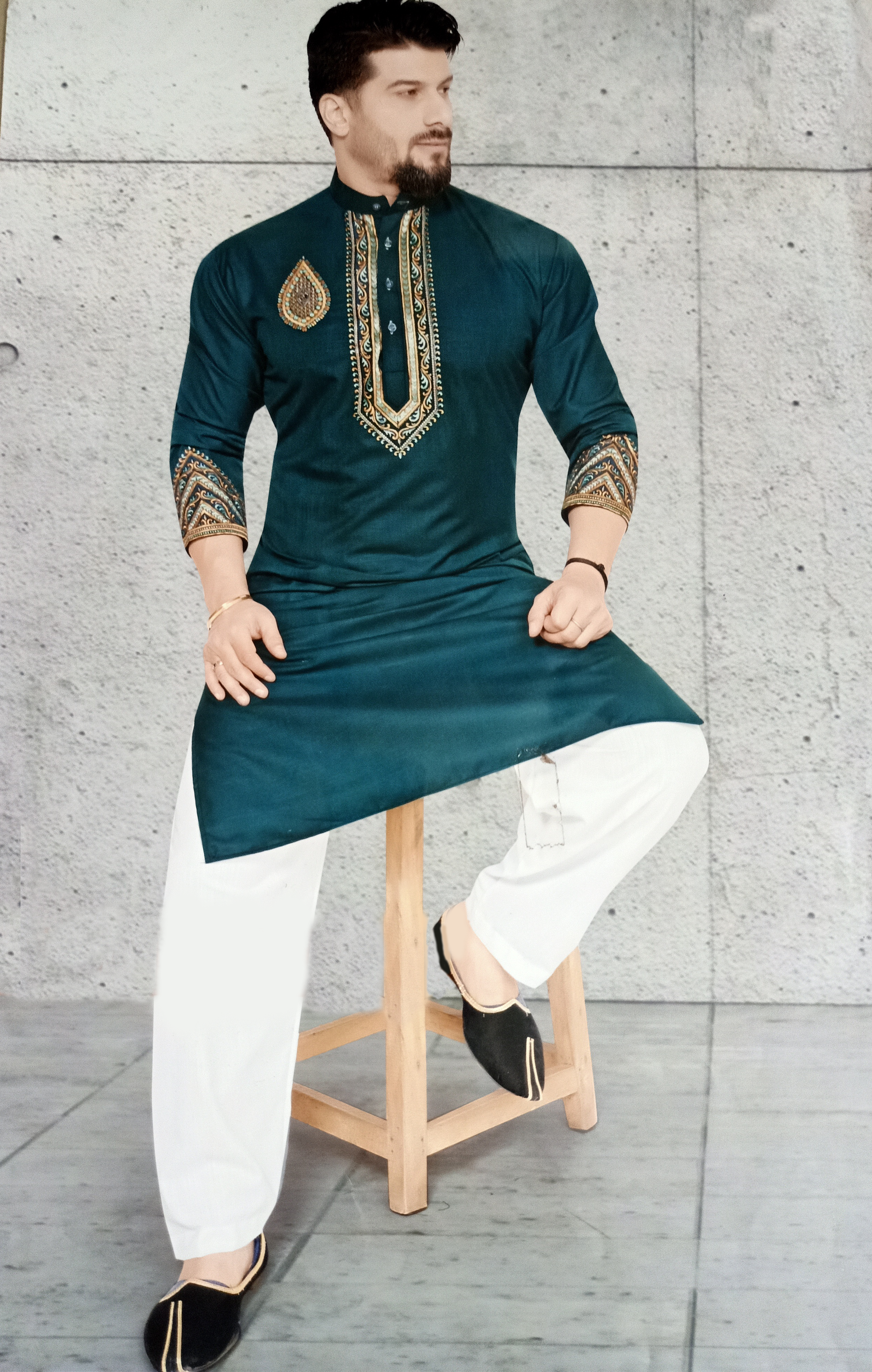 Buy Bottle Green Color Embroidered Pathani Suit Online For Men