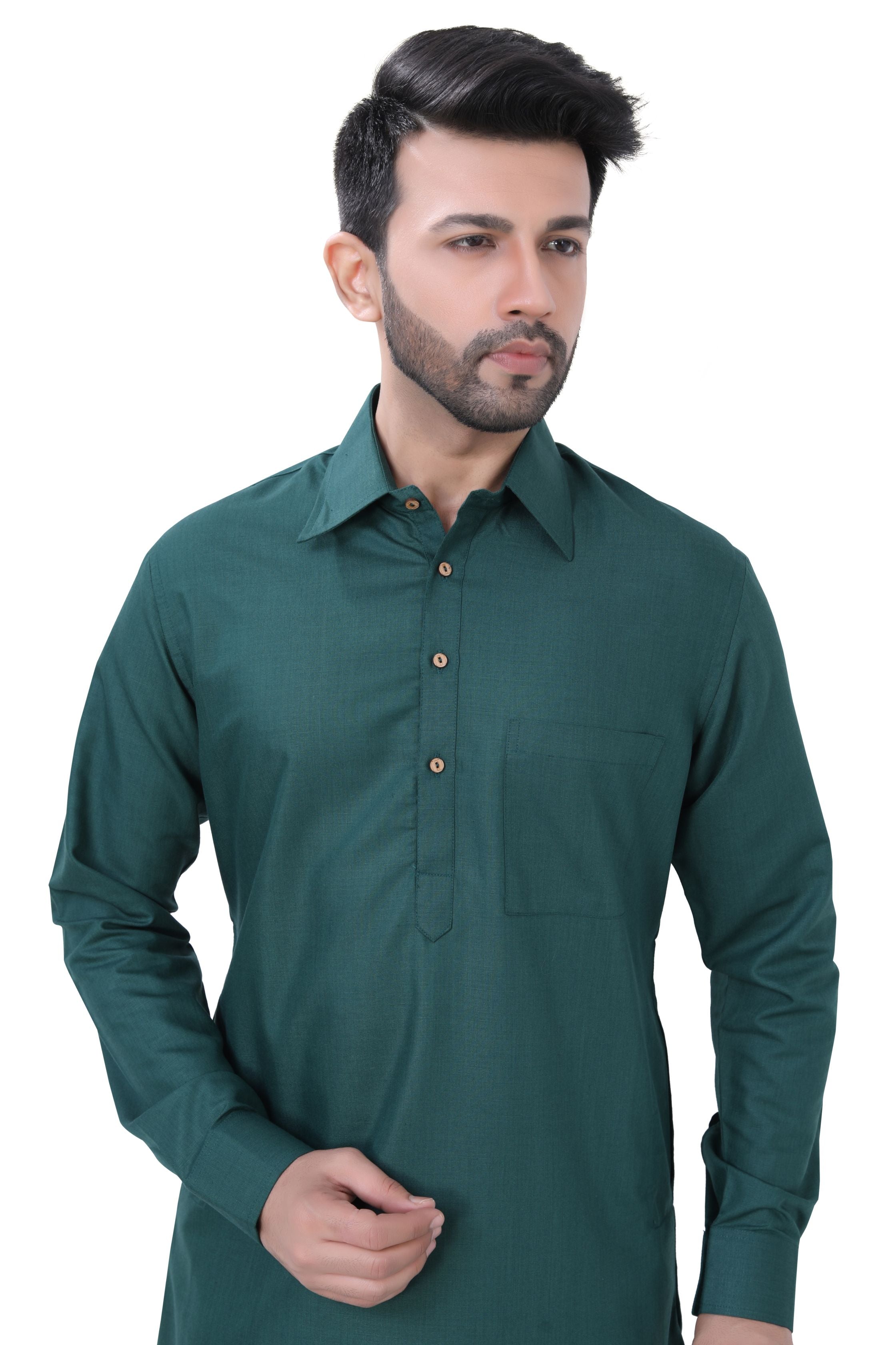 Cotton Pathani Kurta Salwar Suit in Bottle Green Colour – Dapper Ethnic