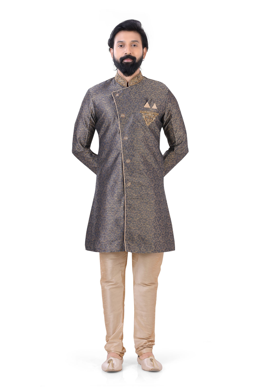 Aangrakha Style Banarasi 2 pieces Indo western in Dark Grey